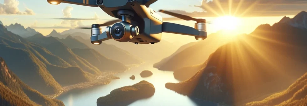 AI Generated image of a drone flying above a valley at sunset